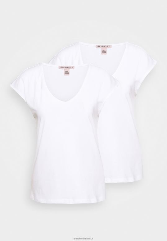 TX2DF297 donne Anna Field t-shirt basic con scollo a V e spalle basse, confezione da 2, bianca/bianca
