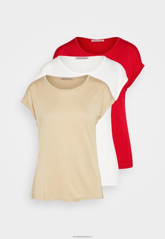 TX2DF301 donne Anna Field Confezione da 3 t-shirt basic beige/bianco sporco/rosso