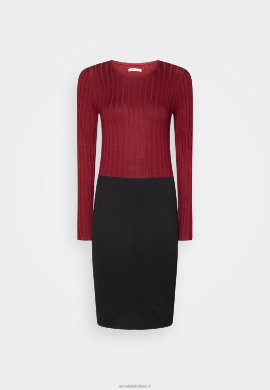 TX2DF217 donne Anna Field crew ausschnitt ripp top bodycon mini vestito a trapezio strickkleid rosso scuro/nero